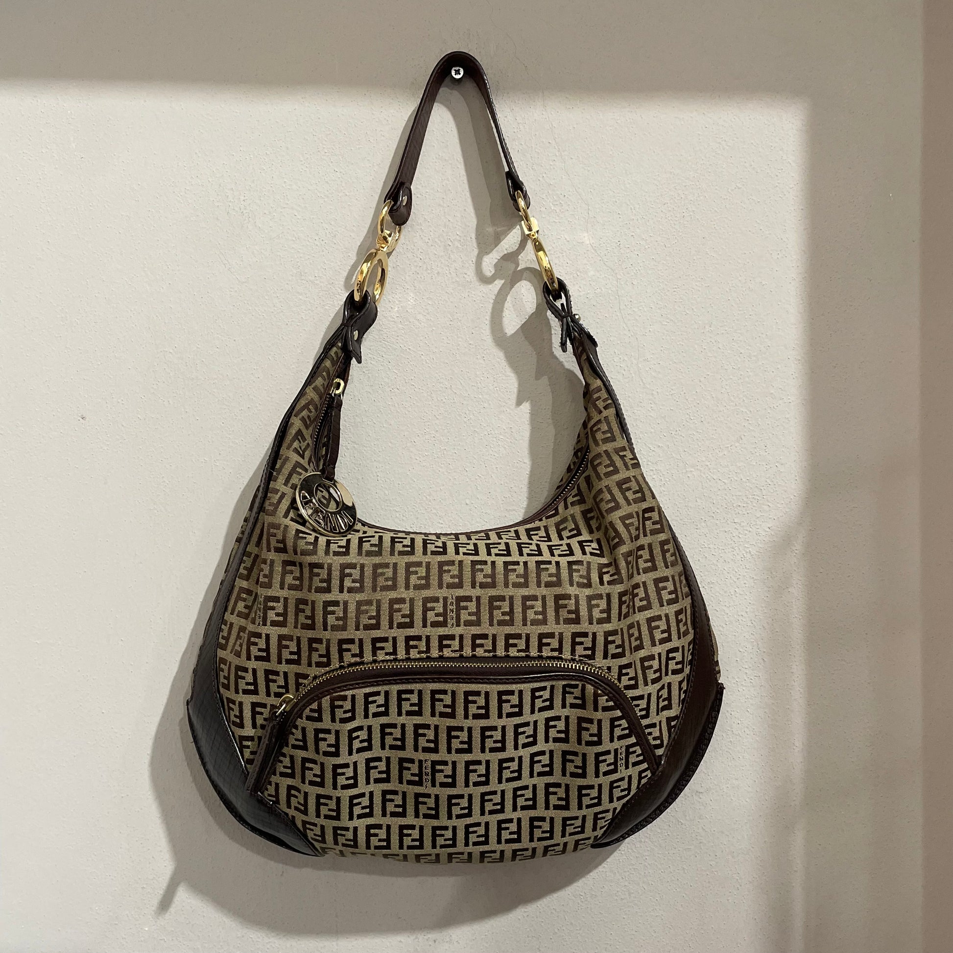 Borsa a spalla Fendi vintage zucchino marrone e beige 