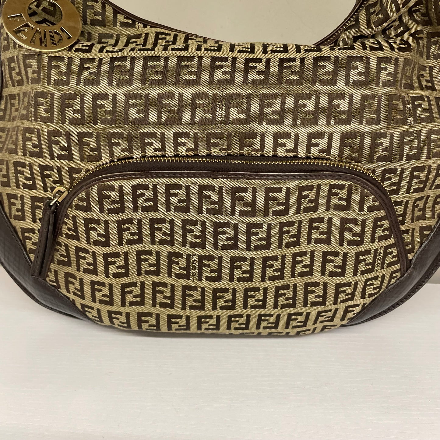 Borsa a spalla Fendi vintage zucchino marrone e beige