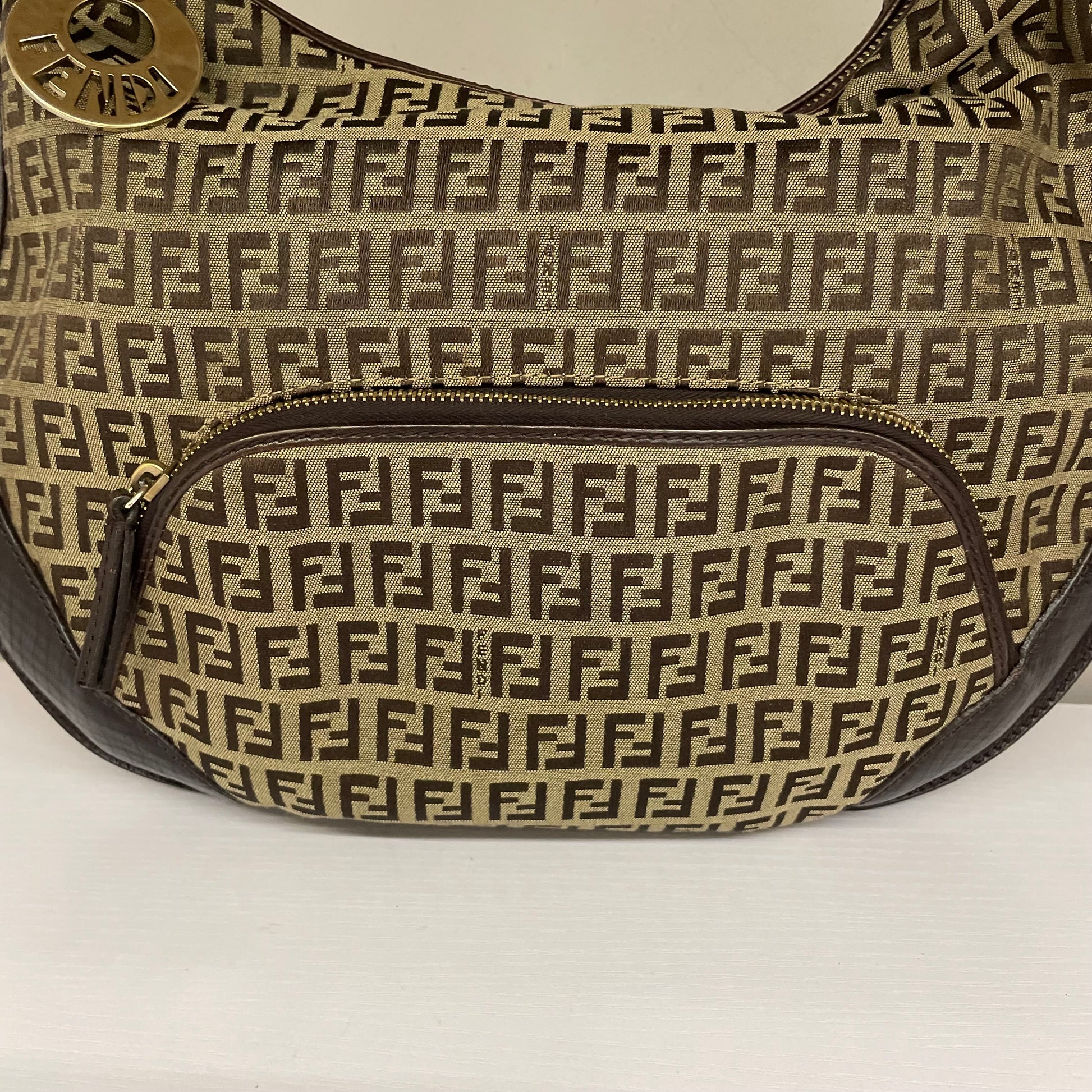 Borsa a spalla Fendi vintage zucchino marrone e beige