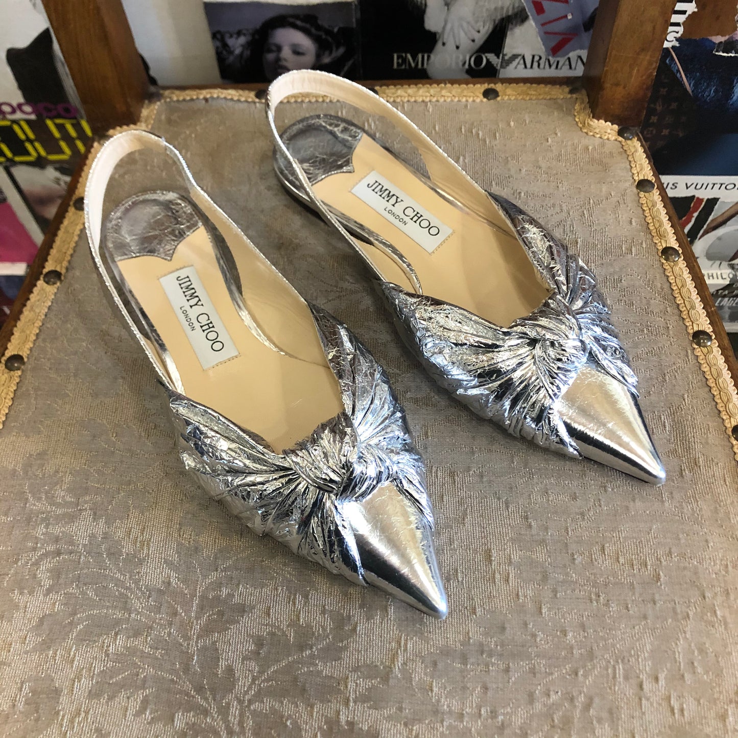 Slingback mules Jimmy Choo in pelle increspata argento a punta