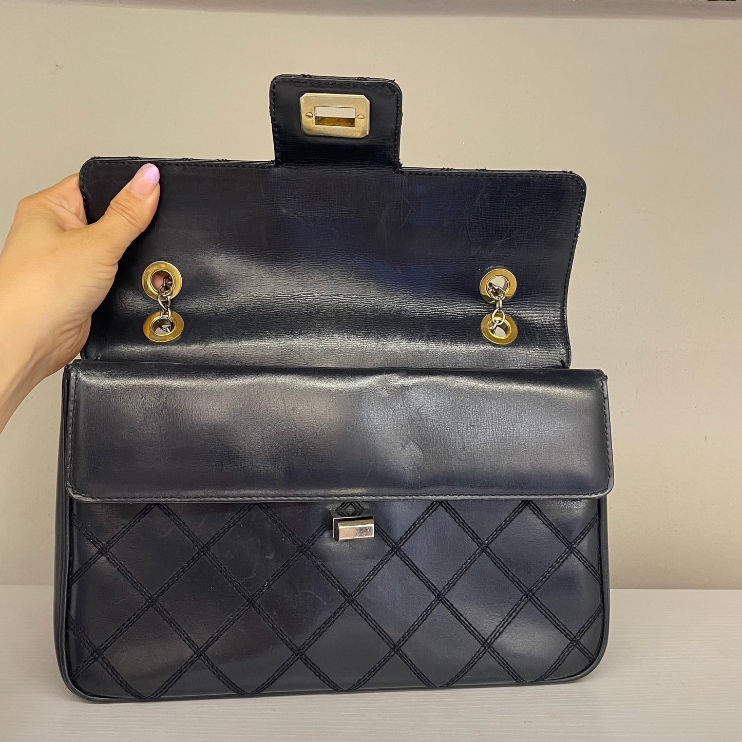 Borsa vintage Pirovano Milano in pelle blu matelassé