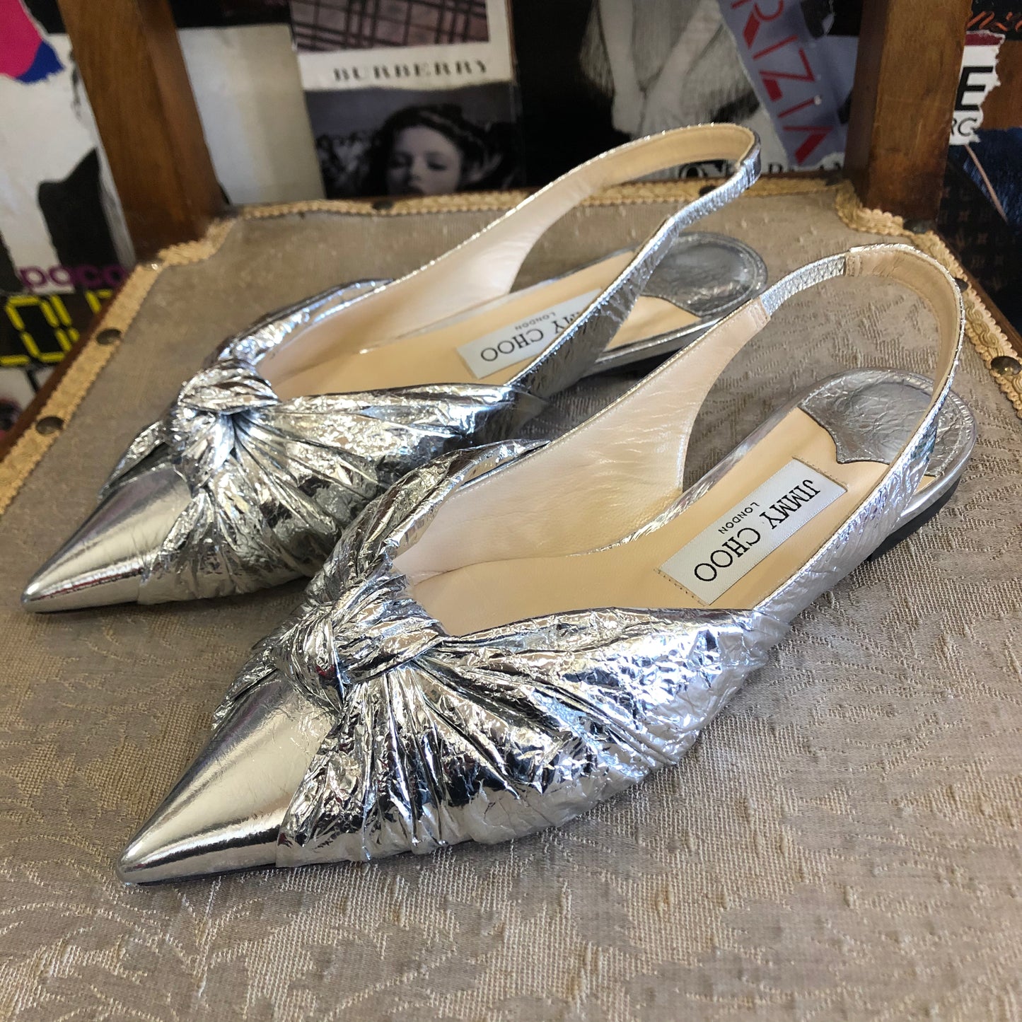 Slingback mules Jimmy Choo in pelle increspata argento a punta