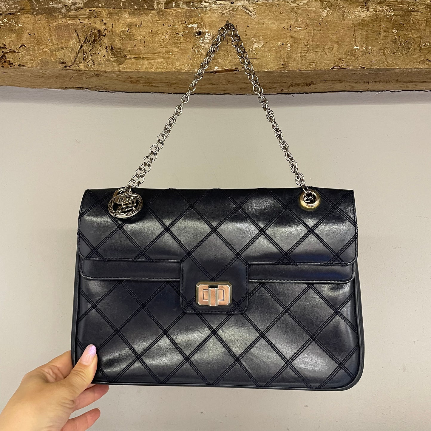 Borsa vintage Pirovano Milano in pelle blu matelassé